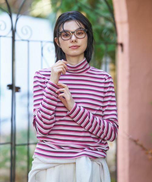 CARA O CRUZ / キャラ・オ・クルス カットソー | マルチボーダーハイネックカットソー（ピンク系）