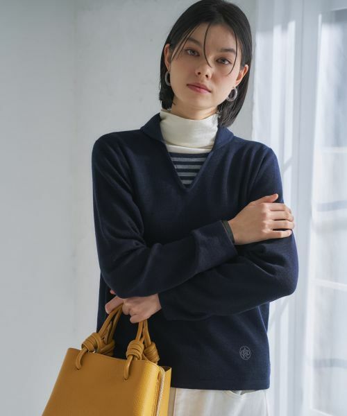 CARA O CRUZ / キャラ・オ・クルス ニット・セーター | 切替ラウンドカラーニット【CoC by CARA O CRUZ】(ネイビー)