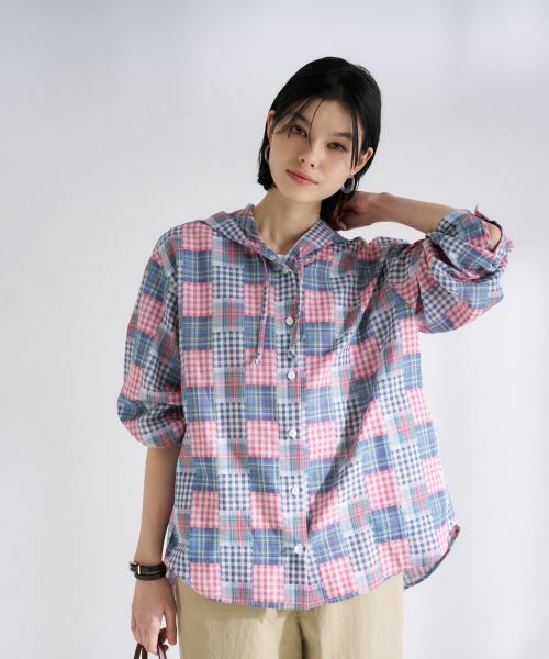 CARA O CRUZ / キャラ・オ・クルス シャツ・ブラウス | パッチワーク風チェックフーデッドシャツ | 詳細18