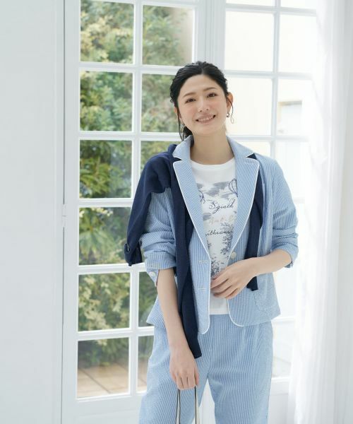 CARA O CRUZ / キャラ・オ・クルス テーラードジャケット | 洗える シアサッカーパイピングジャケット（コバルトブルー）