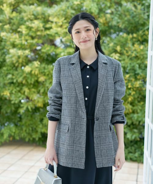 CARA O CRUZ / キャラ・オ・クルス テーラードジャケット | 麻のチェック柄 テーラードジャケット(ブラック)