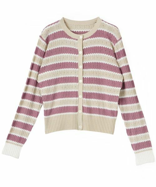 CARA O CRUZ / キャラ・オ・クルス カーディガン・ボレロ | パンチング柄ボーダーカーディガン【CoC by CARA O CRUZ】（ピンク系）