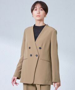 【NAVY】【着心地抜群/セットアップ】ダブルボタンノーカラージャケット