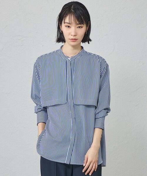 CAST: / キャスト コロン シャツ・ブラウス | 【着用しわ軽減/吸水速乾】ストライプガンパッチブラウス（ブルー4）