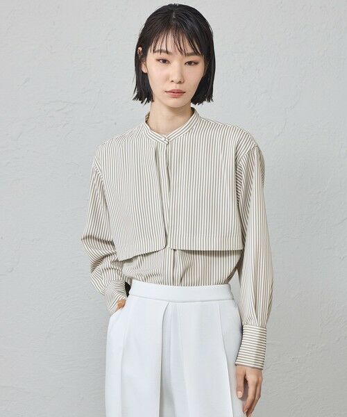 CAST: / キャスト コロン シャツ・ブラウス | 【着用しわ軽減/吸水速乾】ストライプガンパッチブラウス（ベージュ）
