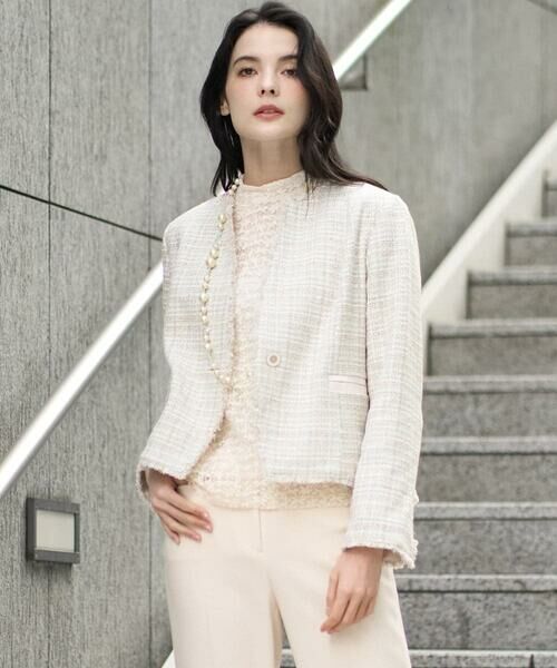 CHRISTIAN AUJARD / クリスチャン・オジャール ノーカラージャケット | [セットアップ対応]シャイニーツィードジャケット（ベージュ系）