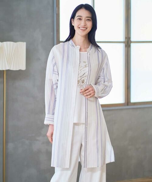 CHRISTIAN AUJARD / クリスチャン・オジャール シャツ・ブラウス | ドビーストライプロングブラウス（ブルー系）