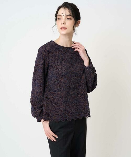 CHRISTIAN AUJARD Lサイズ / クリスチャン・オジャール　エルサイズ シャツ・ブラウス | 【大きいサイズ】フラワーモールレースブラウス（ネイビー系）