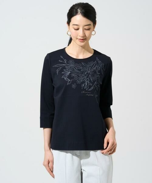 CHRISTIAN AUJARD Lサイズ / クリスチャン・オジャール　エルサイズ カットソー | 【大きいサイズ】フラワー刺繍カットソー（ネイビー）