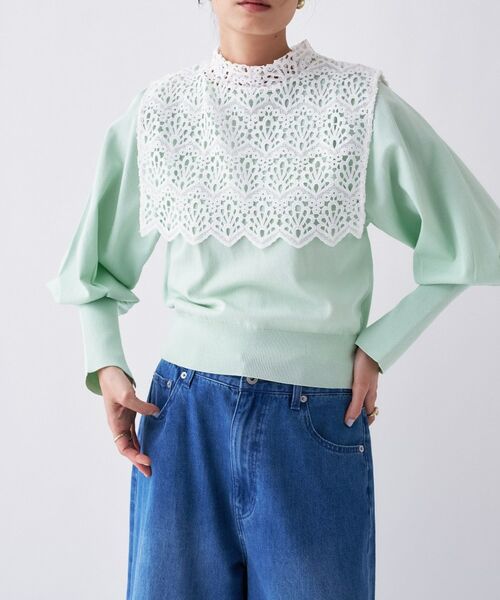 cloenc / クロエンス ニット・セーター | 【2way／手洗い可】2wayレースパフスリーブニット（ミントグリーン(521)）