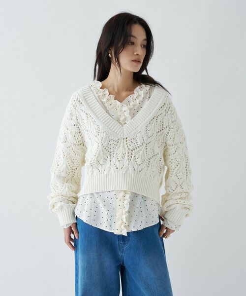 cloenc / クロエンス ニット・セーター | 【手洗い可】クロシェ編みクロップドニットプルオーバー（ホワイト(001)）
