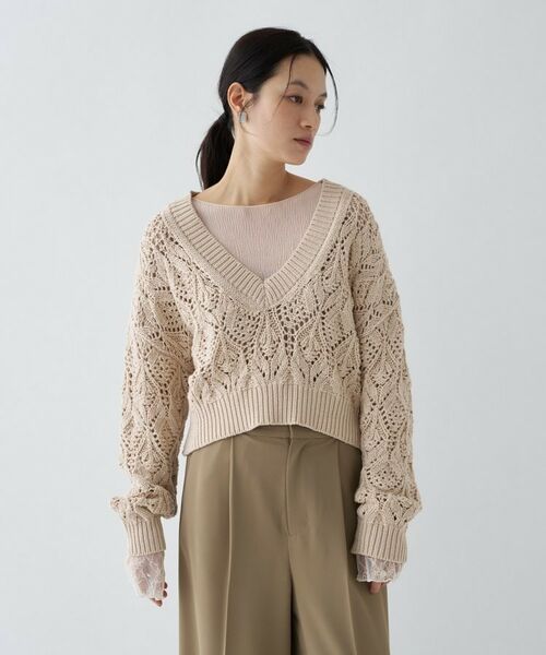 cloenc / クロエンス ニット・セーター | 【手洗い可】クロシェ編みクロップドニットプルオーバー（ライトベージュ(051)）