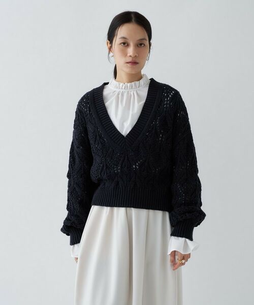 cloenc / クロエンス ニット・セーター | 【手洗い可】クロシェ編みクロップドニットプルオーバー（ネイビー(094)）