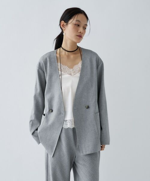 cloenc / クロエンス ノーカラージャケット | 【セットアップ／マシンウォッシュ】リネンライクノーカラージャケット（ライトグレー(411)）