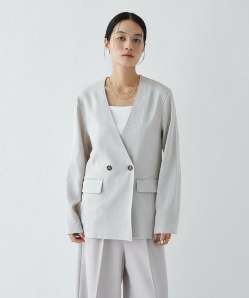 cloenc / クロエンス ノーカラージャケット | 【セットアップ／マシンウォッシュ】リネンライクノーカラージャケット（ライトベージュ(451)）