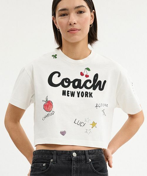 COACH/コーチ カーシヴ コーチ クロップド スケッチ プリント Tシャツ WHITE M COACH/コーチ カーシヴ コーチ クロップド スケッチ プリント Tシャツ WHITE M