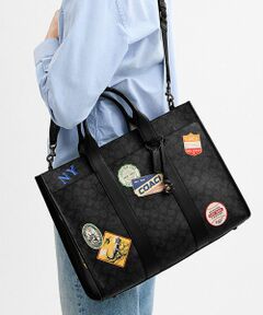 美品 COACH コーチ トートバッグ シグネチャー レザー くるま　メンズ 美品】COACH コーチ トートバッグ レザー ブラック ネイビー