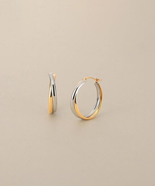 COCOSHNIK / ココシュニック ピアス・イヤリング | K10×プラチナ 甲丸クロス フープピアス大（イエローゴールド×プラチナ(700)）