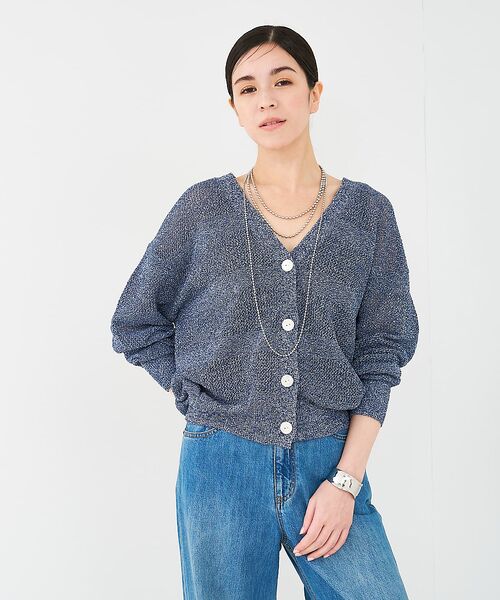 collex/コレックス レーシーボーダーVネックカーディガン ネイビー F collex/コレックス レーシーボーダーVネックカーディガン ネイビー F