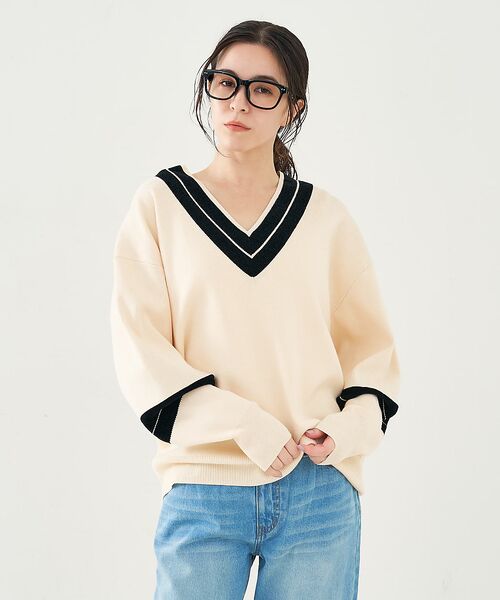 collex / コレックス ニット・セーター | 配色ラインVネックニットプルオーバー | 詳細4