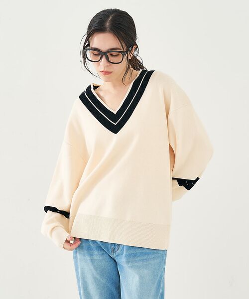 collex / コレックス ニット・セーター | 配色ラインVネックニットプルオーバー | 詳細5