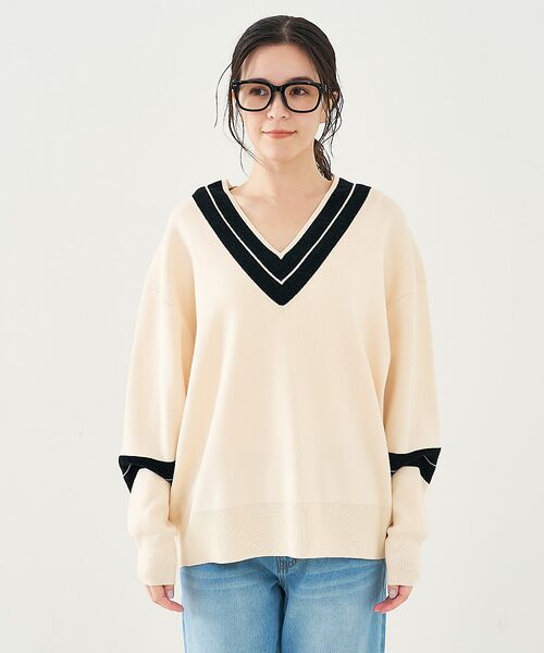collex / コレックス ニット・セーター | 配色ラインVネックニットプルオーバー | 詳細7