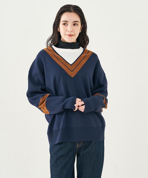 collex / コレックス ニット・セーター | 配色ラインVネックニットプルオーバー | 詳細17