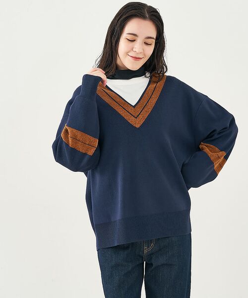 collex / コレックス ニット・セーター | 配色ラインVネックニットプルオーバー | 詳細18