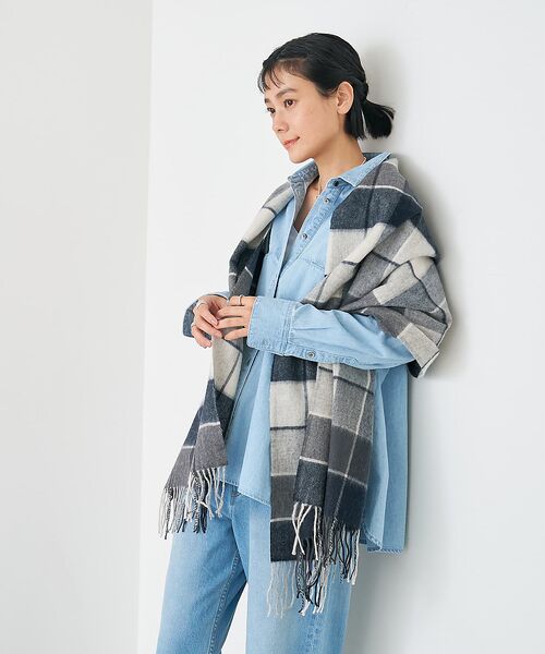 collex / コレックス マフラー・ショール・スヌード・ストール | ウールリバーシブルチェックストール（ブラック）