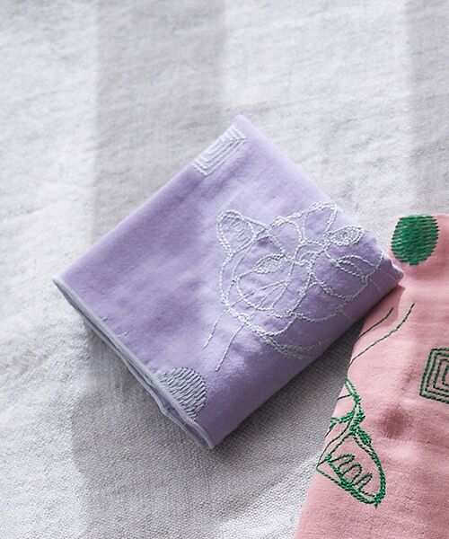 collex / コレックス ハンカチ | 【＋HAyU fabric】 ダブルガーゼ 猫刺繍ハンカチ 綿100%（パープル）