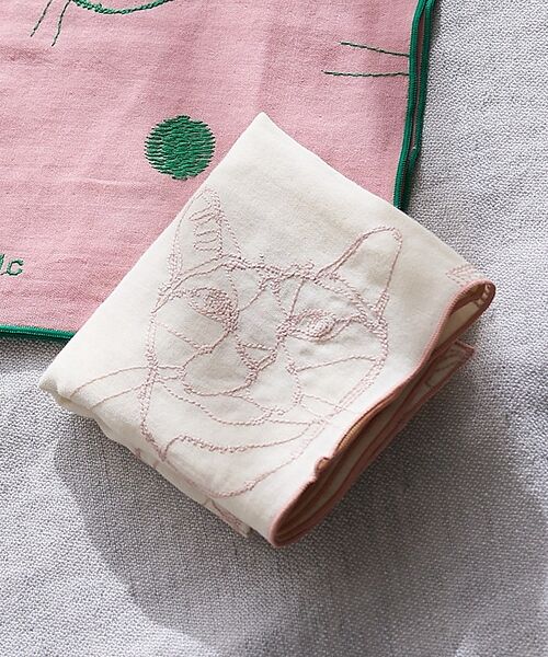 collex / コレックス ハンカチ | 【＋HAyU fabric】 ダブルガーゼ 猫刺繍ハンカチ 綿100%（アイボリー）