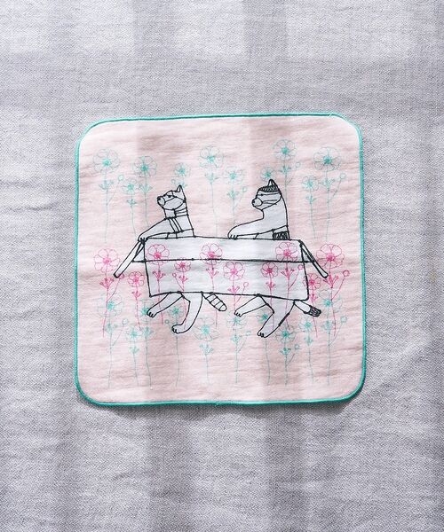 collex / コレックス ハンカチ | 【＋HAyU fabric】猫柄 ガーゼタオルハンカチ 綿100%（ピンク）