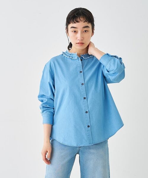 collex / コレックス シャツ・ブラウス | ライトデニムフリルネックシャツ【予約】（ブルー）