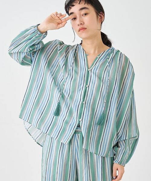 collex / コレックス シャツ・ブラウス | ブロックプリント ユラギ ストライプブラウス【予約】（セージグリーン）