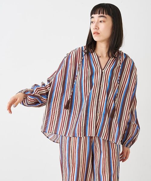 collex / コレックス シャツ・ブラウス | ブロックプリント ユラギ ストライプブラウス【予約】（ダークブラウン）