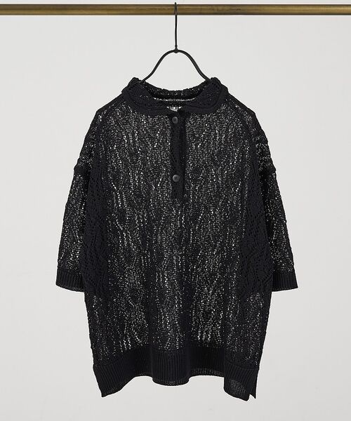 collex / コレックス ニット・セーター | レーシー柄ニットポロ／透かし編み・サマーニット【予約】（ブラック）