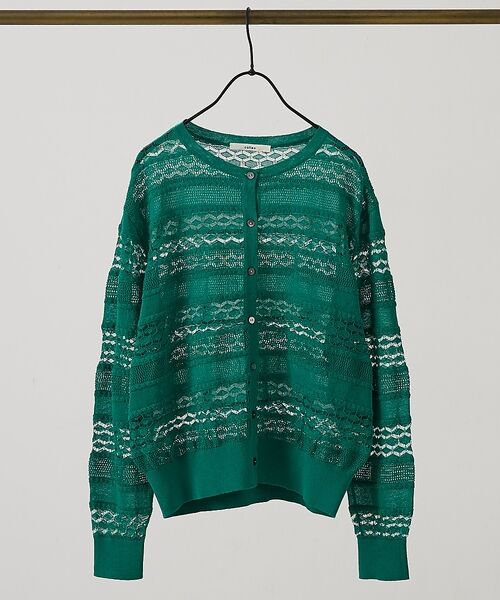 collex / コレックス カーディガン・ボレロ | レーシー柄クルーネックニットカーディガン【予約】（グリーン）