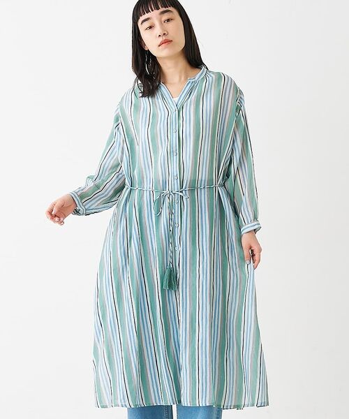 collex / コレックス ワンピース | ブロックプリント ユラギストライプ 2WAYワンピース【予約】（セージグリーン）