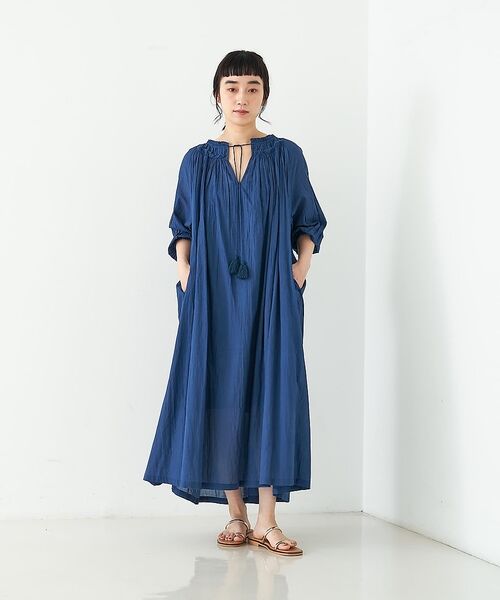 collex / コレックス ワンピース | インド綿ギャサーコットンワンピース【予約】（ネイビー）