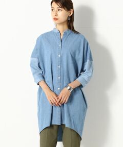 〔+サイズ〕【洗える】デニムニードルパンチ ロングシャツ