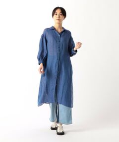 〔 +サイズ 〕 リネン・ルポワン染シャンブレー リネンロングシャツ