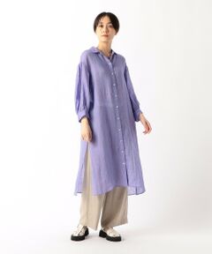 〔 +サイズ 〕 リネン・ルポワン染シャンブレー リネンロングシャツ