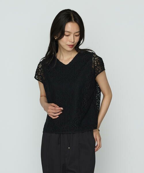 COMME CA COMFORT / コムサ・コンフォート（Lサイズ） シャツ・ブラウス | 〔 TALLサイズ 〕 リーフ柄ラッセルレース ブラウス（05:クロ）