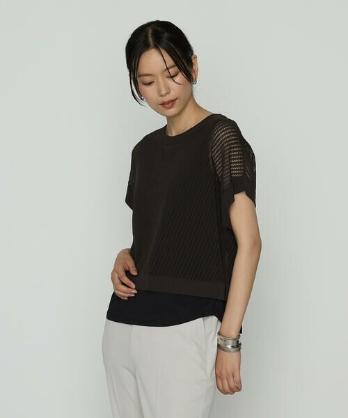 COMME CA COMFORT/コムサ・コンフォート(Lサイズ) 〔 TALLサイズ 〕 透かし編みレース柄 レイヤードニット 14:ブラウン 15号 COMME CA COMFORT/コムサ・コンフォート(Lサイズ) 〔 TALLサイズ 〕 透かし編みレース柄 レイヤードニット 14:ブラウン 15号