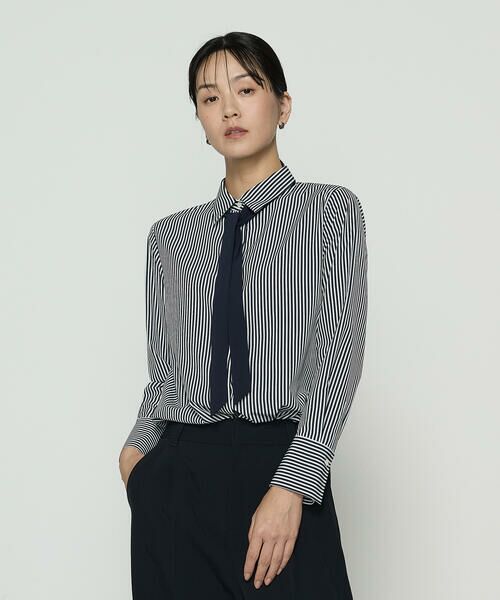 COMME CA COMFORT/コムサ・コンフォート(Lサイズ) 〔 TALLサイズ 〕 デシンストライププリント ボウタイシャツ 09:ネイビー×シロ 15号 COMME CA COMFORT/コムサ・コンフォート(Lサイズ) 〔 TALLサイズ 〕 デシンストライププリント ボウタイシャツ 09:ネイビー×シロ 15号