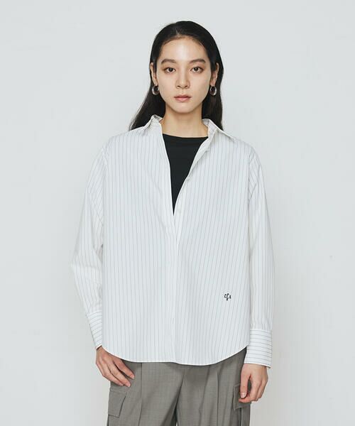 COMME CA COMFORT/コムサ・コンフォート（Lサイズ） 〔 TALLサイズ 〕 ストライプタイプライター／バルキーオックスフォード クロップドシャツ 01:シロ×クロストライプ 15号