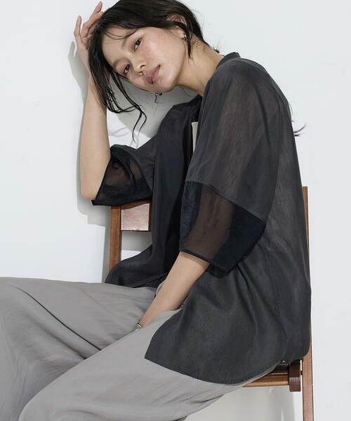 COMME CA COMFORT / コムサ・コンフォート（Lサイズ） シャツ・ブラウス | 〔 TALLサイズ 〕 リネンポリエステルオーガンジー ラグランスリーブシャツ羽織り（08:チャコール）