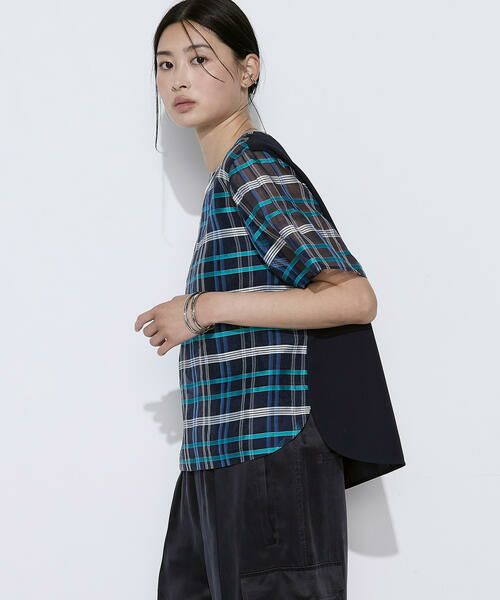 COMME CA COMFORT / コムサ・コンフォート（Lサイズ） シャツ・ブラウス | 〔 TALLサイズ 〕 【セットアップ対応】シルクシアーチェック Tブラウス（09:ネイビー×ピーコック系）