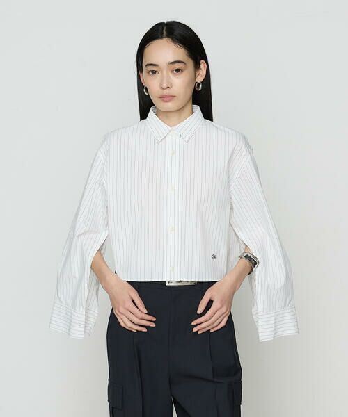 COMME CA PLATINUM/コムサ・プラチナ ストライプタイプライター/バルキーオックスフォード クロップドシャツ 01:シロ×クロストライプ 9号 COMME CA PLATINUM/コムサ・プラチナ ストライプタイプライター/バルキーオックスフォード クロップドシャツ 01:シロ×クロストライプ 9号