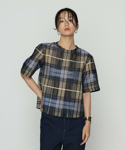 COMME CA PLATINUM/コムサ・プラチナ シルクオーガンジードビーチェック タックプルブラウス 22:ネイビーブルー系 11号